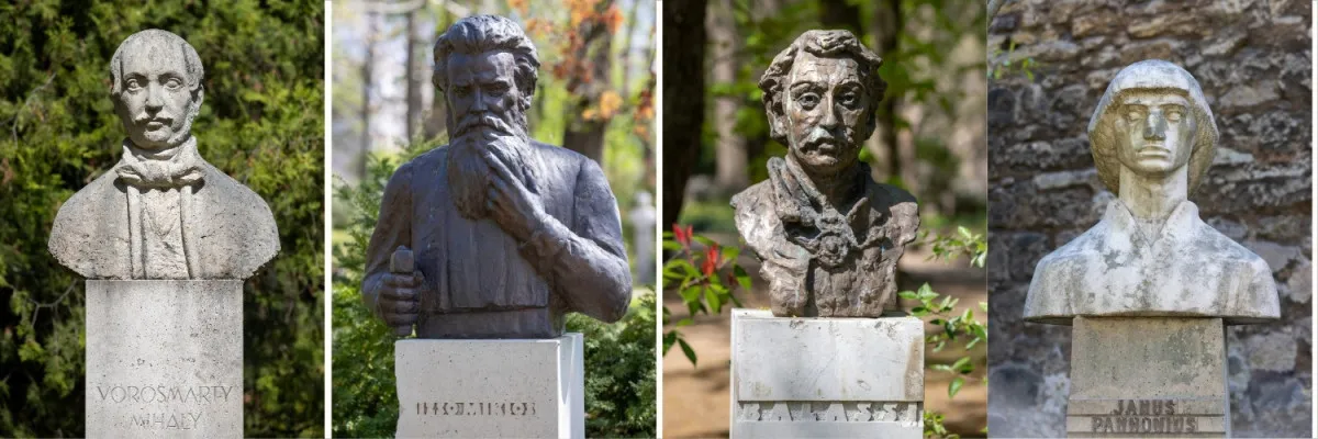 A Művészsétány közel 40 szobra között megtalálod Vörösmarty Mihály, Izsó Miklós, Balassi Bálint és Janus Pannonius mellszobrát is 