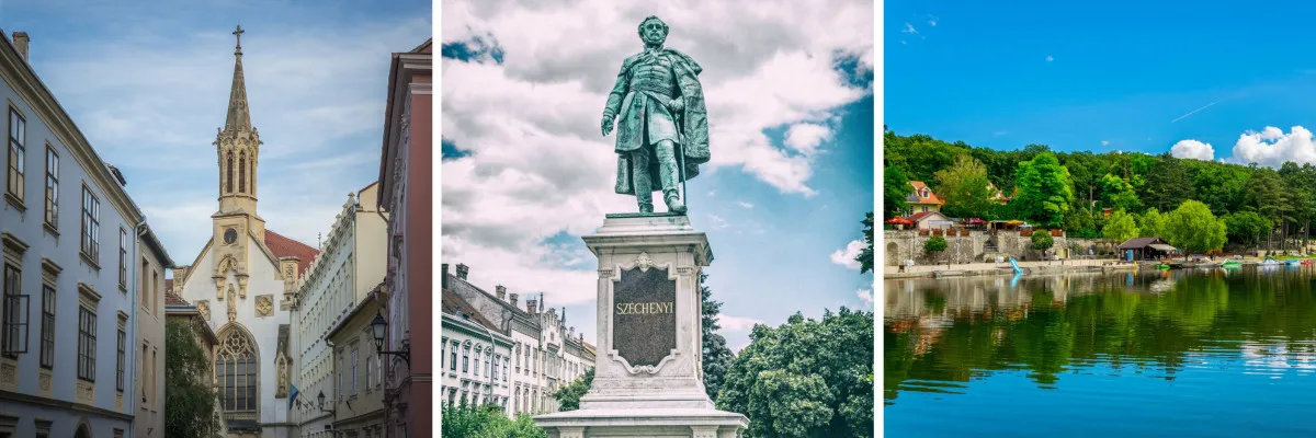 Balról jobbra: Szent Orsolya-templom, Széchenyi István szobra, Tómalom fürdő