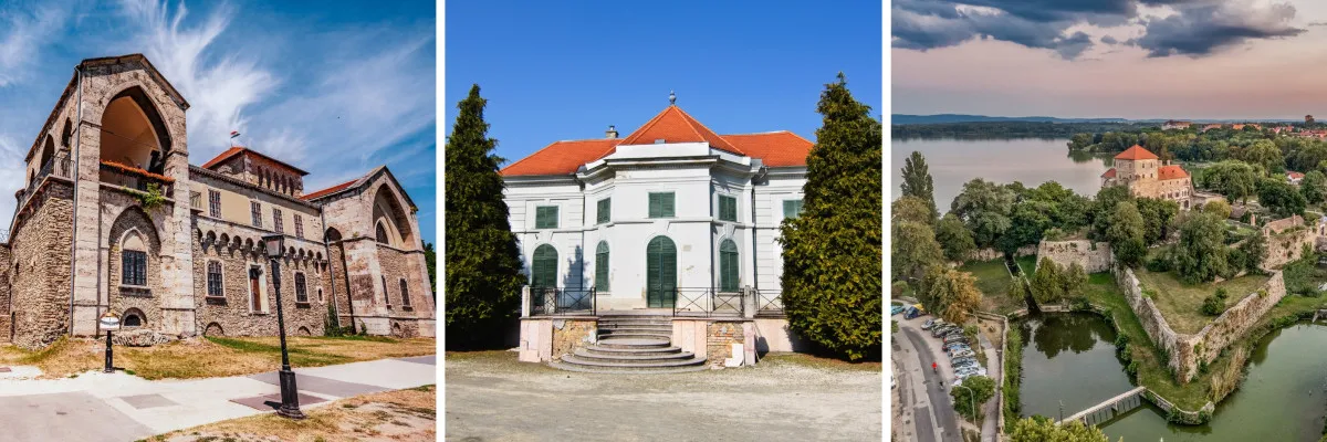 Balról jobbra: Tatai vár, Esterházy nyári lak az Angolkertben, Öreg-tó