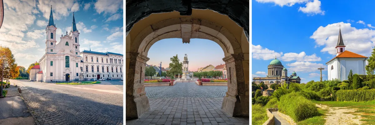 Balról jobbra: Loyolai Szent Ignác Plébániatemplom, Szentháromság-szobor, Fájdalmas Szűz-kápolna a Szent Tamás-hegyen