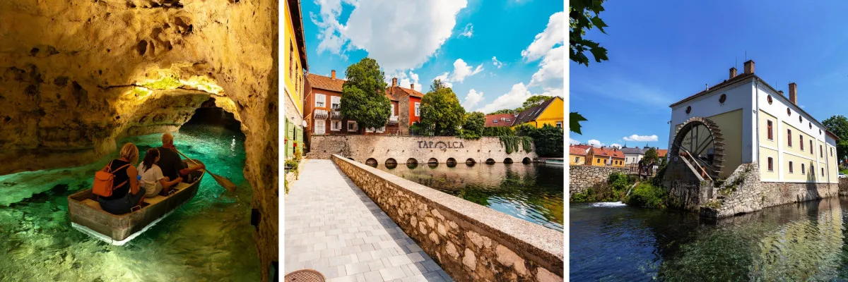 Balról jobbra: Tapolcai-tavasbarlang Látogatóközpont, belváros, Vízimalom