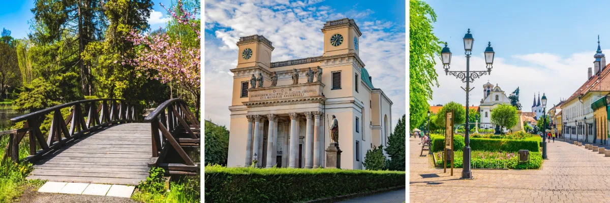 Balról jobbra: vácrátóti Arborétum, váci Székesegyház, sétálóutca Vác belvárosában