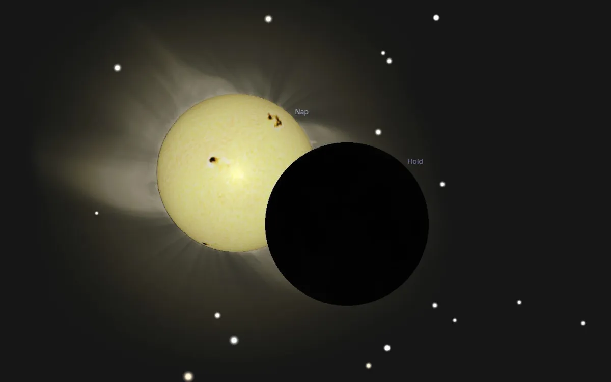 A Nap és a Hold találkozása, fantáziarajz (időpont: 2026. augusztus 12. 19:35 UTC) FORRÁS: Stellarium