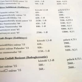 A Boros Borbár, Sárospatak - Étlap/itallap