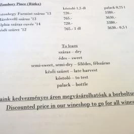 A Boros Borbár, Sárospatak - Étlap/itallap