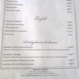 Millennium Étterem, Tokaj - Étlap/itallap
