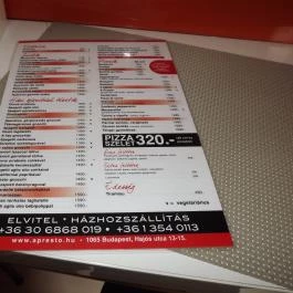 A Presto, Budapest - Étlap/itallap