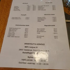 Aranykutya söröző Tatabánya - Étlap/itallap