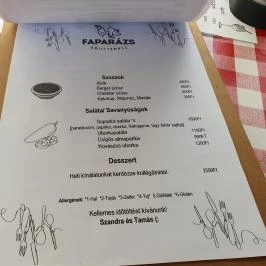 Faparázs Grillterasz, Dunabogdány - Étlap/itallap