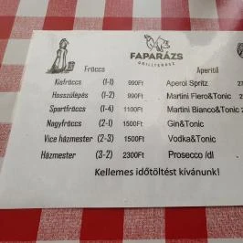Faparázs Grillterasz, Dunabogdány - Étlap/itallap