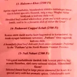 Mughal Shahi Pakisztáni Étterem, Budapest - Étlap/itallap