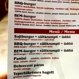 Bem Burger, Debrecen - Étlap/itallap
