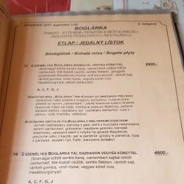 Boglárka Panzió-Étterem ás Apartmanházak Mezőkövesd - Étlap/itallap