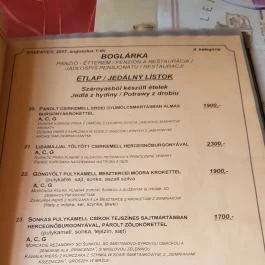 Boglárka Panzió-Étterem ás Apartmanházak Mezőkövesd - Étlap/itallap
