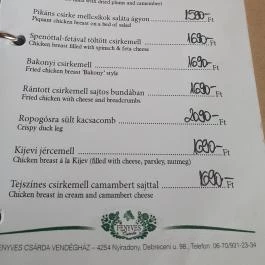 Fenyves Csárda, Nyíradony - Étlap/itallap
