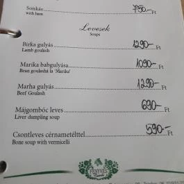 Fenyves Csárda, Nyíradony - Étlap/itallap