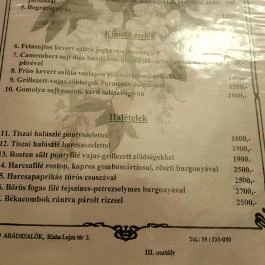 Lilaakác Kisvendéglő, Abádszalók - Étlap/itallap