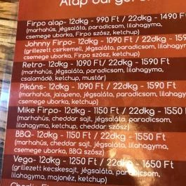 Firpo Burger & Bar Budapest - Étlap/itallap