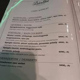 Bártfai Vendéglő Budapest - Étlap/itallap
