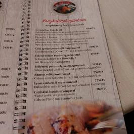 Csikó Csárda, Cák - Étlap/itallap