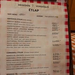 Hegedűs Vendéglő, Alcsútdoboz - Étlap/itallap