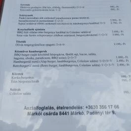 Márkói Csárda, Márkó - Étlap/itallap