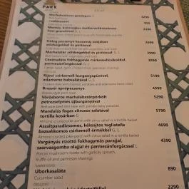 Park Vendéglő Budapest - Étlap/itallap