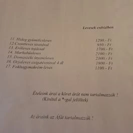 Rózsakert Vendéglő , Domaszék - Étlap/itallap