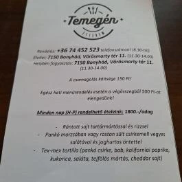 Temegén Étterem Bonyhád - Étlap/itallap