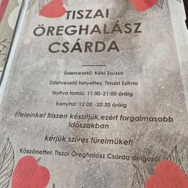 Tiszai Öreghalász Csárda, Tiszadada - Étlap/itallap