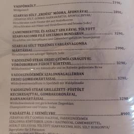 Vadászcsárda Zalacsány - Étlap/itallap