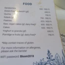 Bloom Coffee, Budapest - Étlap/itallap