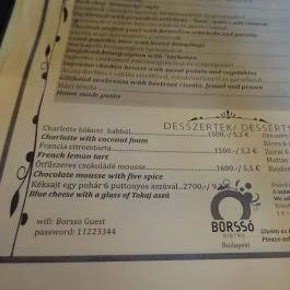 Borssó Bistro Budapest - Étlap/itallap