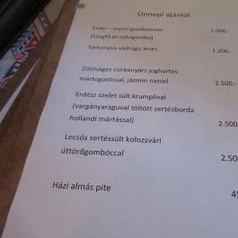 Parádi kisvendéglő, Parád - Étlap/itallap