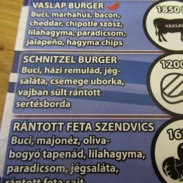 Vaslap Budapest - Étlap/itallap